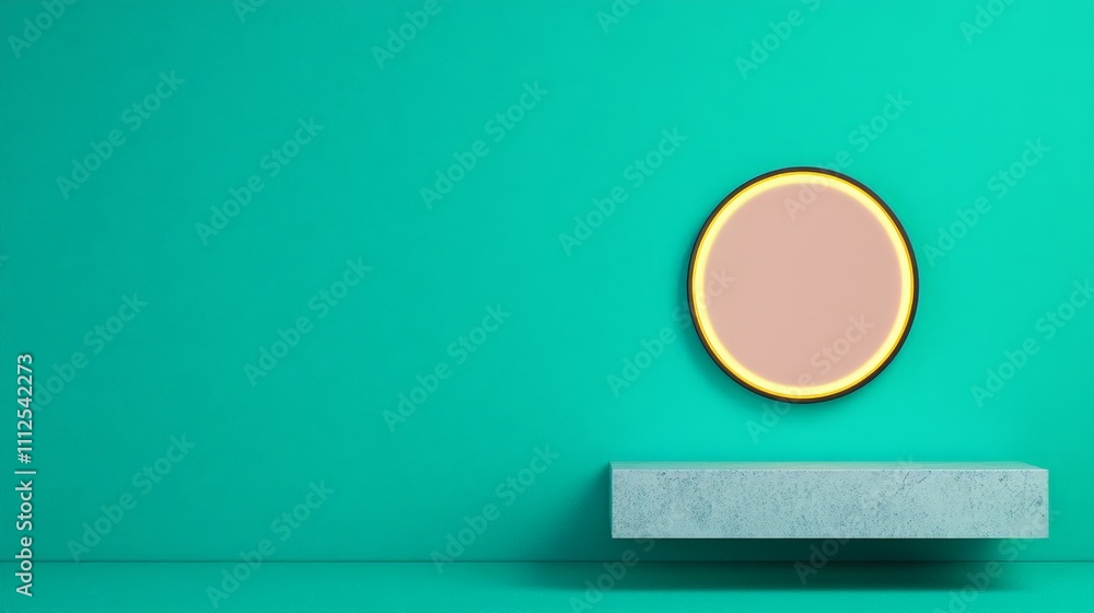 Poster minimalist teal space: a simple, elegant composition featuring a floating shelf beneath a circular m