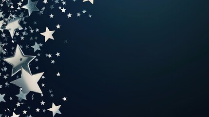 Sleek silver star confetti on a deep navy blue background, with a soft gradient that brings a sense of night sky elegance and quiet celebration