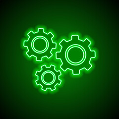 Gears simple icon vector. Flat design. Green neon on black background with green light