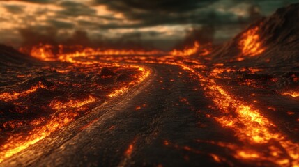 A dirty road with many flames