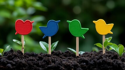 Colorful bird markers in garden soil with green leaves growing around them, vibrant representation of nature's diversity.