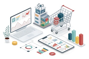 Obraz premium Online Shopping and Analytics: 3D Rendering of Commerce and Data Analysis Elements in a Modern Vector Design