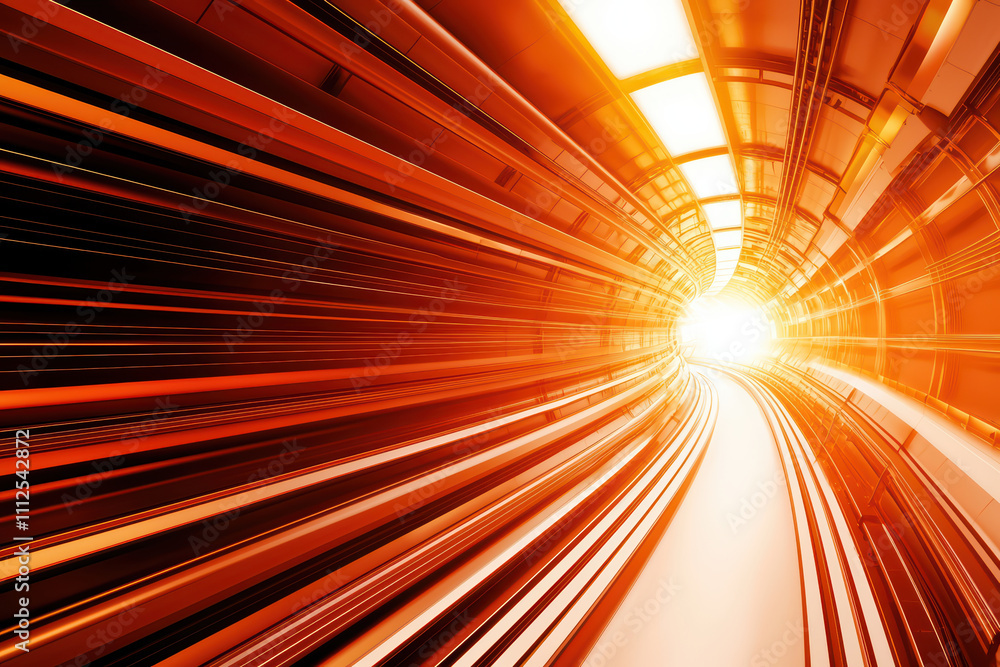 Poster futuristic tunnel with glowing orange lights and dynamic lines creating sense of speed and movement.