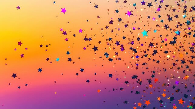 Scattered colorful star confetti on a gradient sunset background, moving from warm orange to deep purple, capturing a joyful twilight celebration