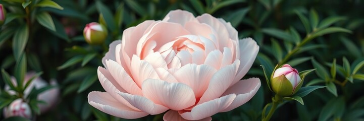 Softly unfolding peony petals in pastel hues amidst lush green foliage, delicate, colors, foliage