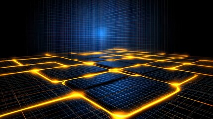 Luminous Grid Network, glowing gold lines on dark backdrop, futuristic digital pathway, blue grid horizon, tech ambiance