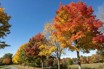 Naklejka premium Colorful maple trees with changing autumn leaves against a clear blue sky, autumn, green, maple