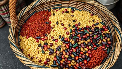 Colorful market basket filled with traditional Haitian ingredients such as rice beans and spices, grocery shopping, Haitian culture, food products