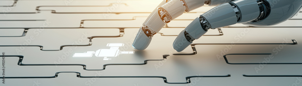 Poster robotic hand interacts with digital circuit, showcasing technology and innovation. image represents 