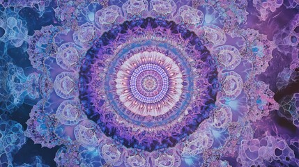 A highly detailed pixel art mandala made of intricate patterns and gradients, with soft purple and blue tones