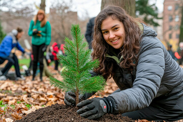 Smiling volunteer planting a young tree in a park during a reforestation event