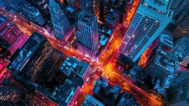 Neon Cityscape: Aerial View of Manhattan at Night