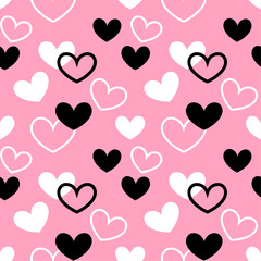 Heart shapes black and white scattered on pink background seamless vector pattern, Valentines Day design, textile print, wallpaper, wrapping paper