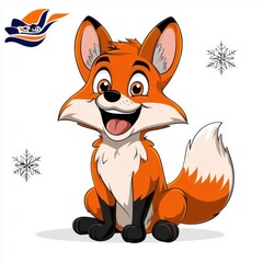 Obraz premium Cute cartoon illustration of a cheerful fox cub playing with snowflakes with big shiny eyes, isolated white background.
