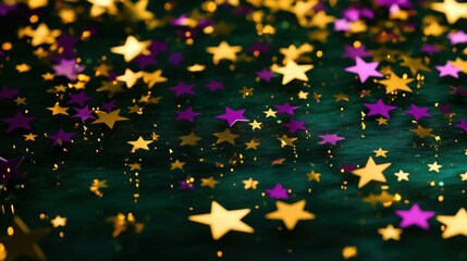 Golden and purple star confetti scattered across a dark emerald green background, creating a luxurious, festive feel with glowing reflections