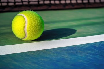 A single tennis ball sitting on the edge of a tennis court, ready for play