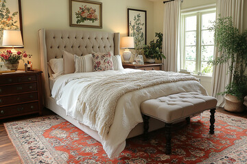 Elegant Bedroom Featuring Neutral Tones and Floral Accents
