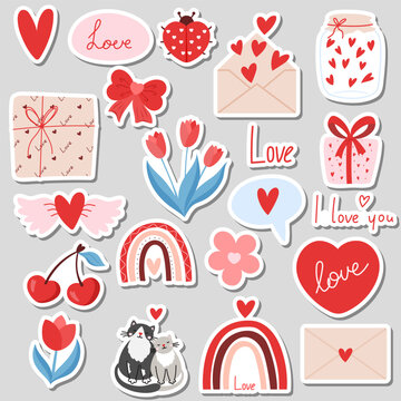 Fototapeta Cute set of stickers for Valentines day. Vector illustration different love and romantic elements, love, heart, flower. Collection for planner, greeting card, love letter or diary