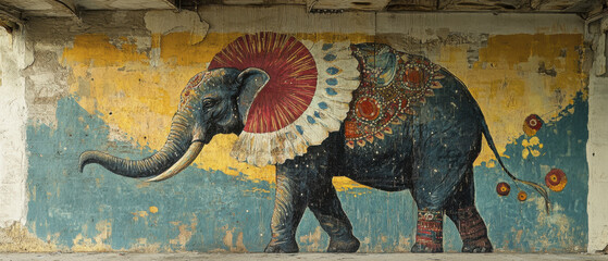 Fototapeta premium vibrant mural of elephant adorned with colorful decorations, showcasing intricate patterns and majestic presence. artwork captures beauty of wildlife and cultural artistry