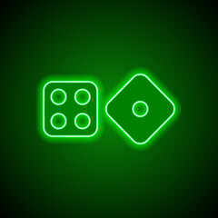 Dices simple icon vector. Flat design. Green neon on black background with green light