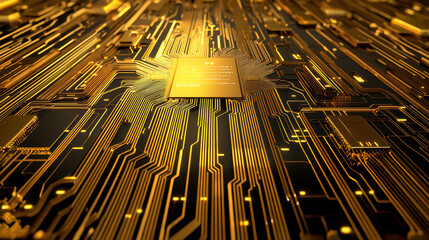 Obraz premium Golden circuit board with intricate patterns and microchips, showcasing advanced technology and innovation in electronics