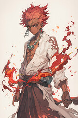 Fototapeta premium Fierce anime warrior with flaming red hair emanating mystical energy