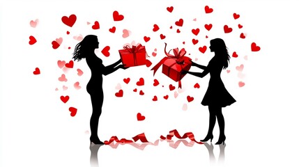 Fototapeta premium Two women exchanging gifts amidst hearts.