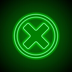 Obraz premium Delete, cross simple icon. Flat design. Green neon on black background with green light