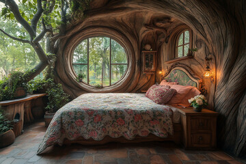 Fototapeta premium Enchanting Tree Trunk Bedroom With Floral Bedding