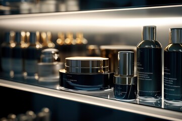 Luxurious skincare products in an organized arrangement on a shelf.