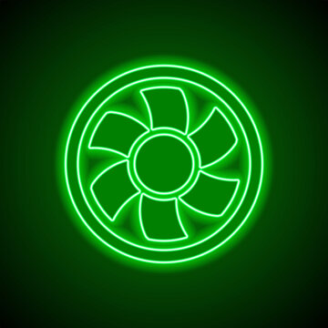 Cooler, pc simple icon. Flat design. Green neon on black background with green light