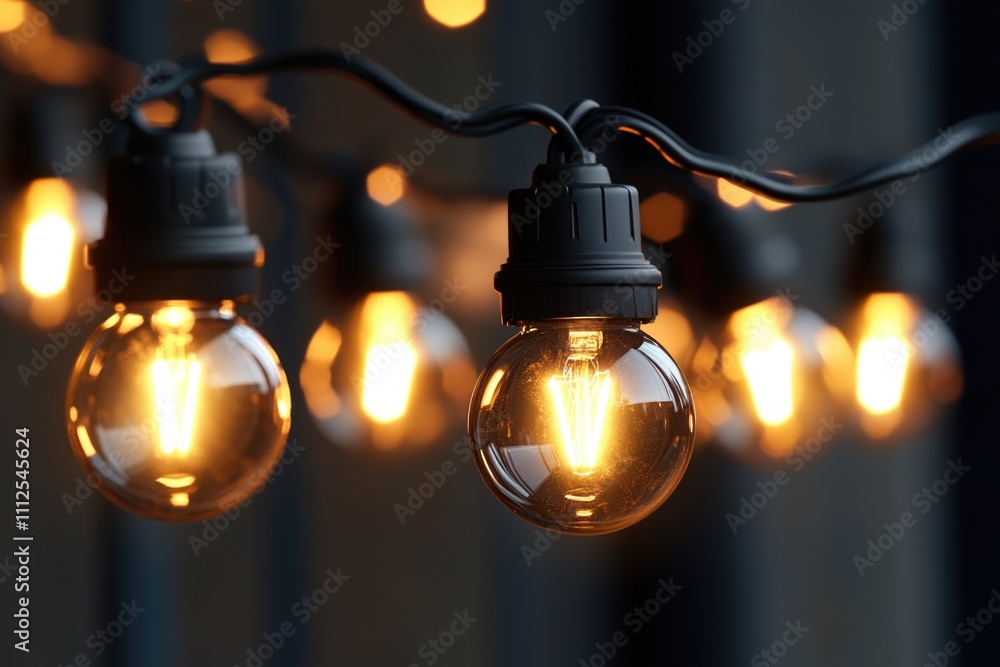 Poster string of light bulbs suspended from a wire, versatile image for various uses
