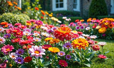 Obraz premium Vibrant flower garden with colorful blooms in a front yard, lush greenery, garden front