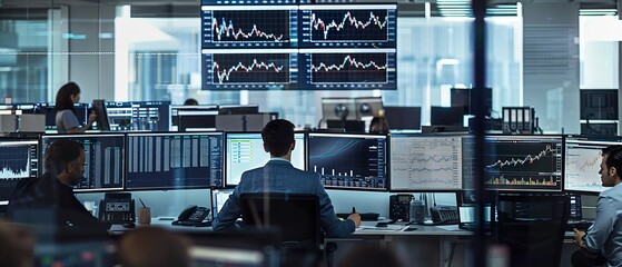 A Collaborative Business Strategy Meeting in a Bustling Office Environment with Stock Market Data Analysis on Multiple Monitors