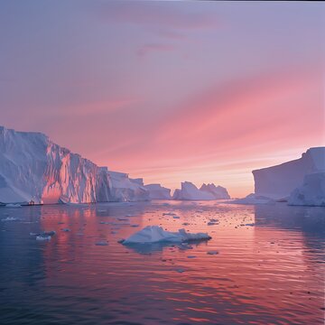 Pink sunset sky over mountains and calm lake, Algol, Skye, Pink Sunset Over Snowy Mountains and Icebergs in Arctic Waters, Pink sunset over a lake with mountains.