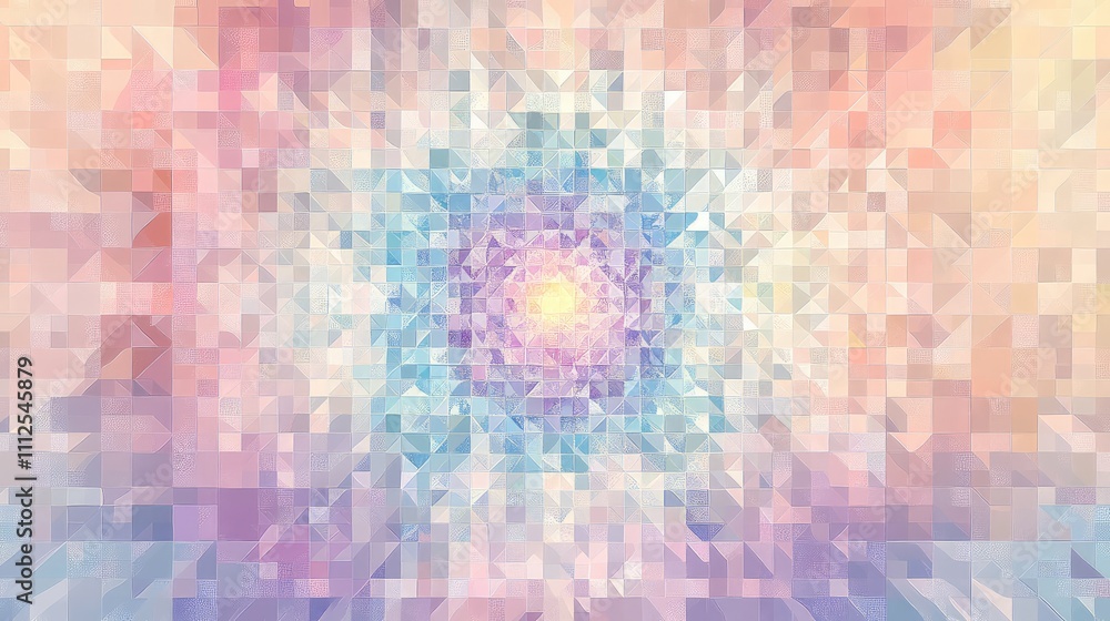 Poster a mandala composed of small pixel squares arranged into intricate geometric shapes, with a soft past