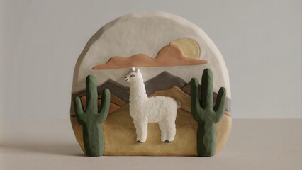 Minimalist Ceramic Llama Art Installation in Desert Setting. Art and nature appreciation concept. Ideal for art decor, minimalist home design, nature-themed gifts, and gallery displays