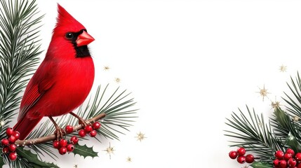 Cute cartoon illustration of a Christmas cardinal perched on a decorated branch with big sparkling...