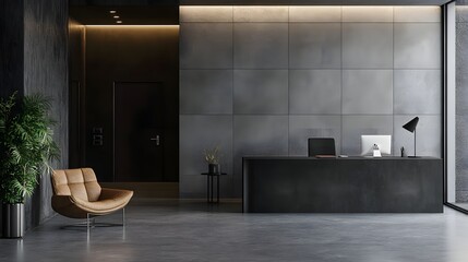 A modern office reception area featuring sleek furniture, minimalist design, and stylish lighting