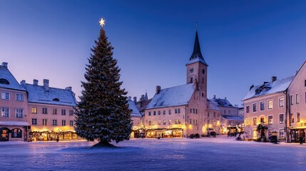 Fototapeta premium Festive Winter Scene with Christmas Tree and Snowy Town Square