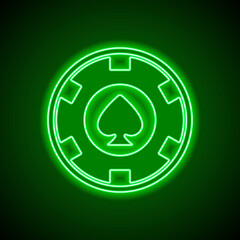 Casino, poker chip simple vector, icon. Flat design. Green neon on black background with green light