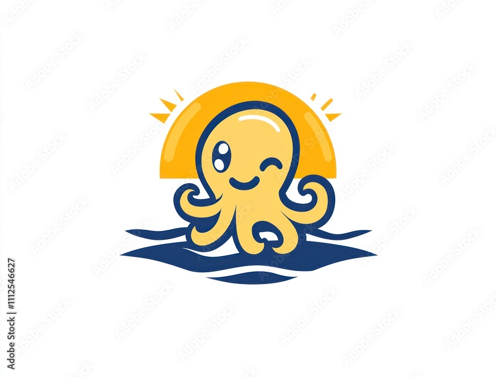 Aufkleber here's a possible and keyword list for your image... cute cartoon octopus at sunset in ocean waves.