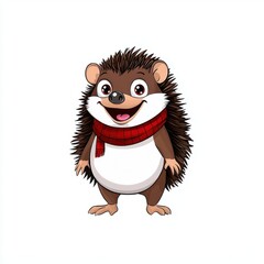 Cute cartoon illustration of a festive hedgehog wearing a holiday scarf with big shining eyes, isolated white background.