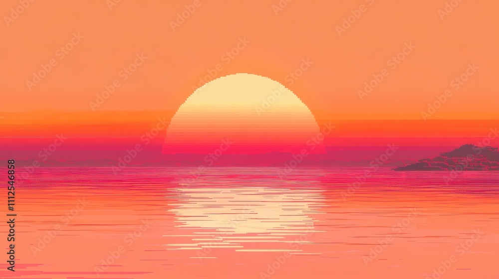 Poster a minimal pixel art design with a soft gradient, shifting from a pale peach to a deep orange, resemb