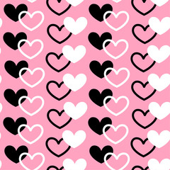 Hearts black and white in vertical rows on pink background, seamless vector pattern, Valentine's Day design, textile print, wallpaper, wrapping paper