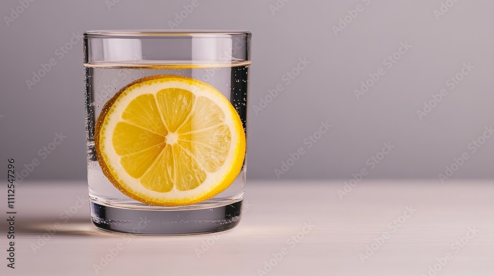 Poster lemon slice in water: a refreshing and minimalistic image of a transparent glass filled with pure wa