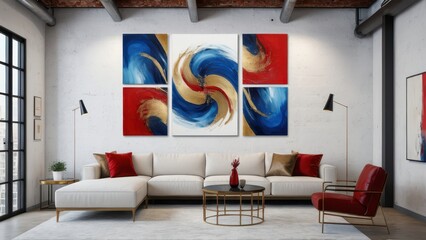 Contemporary split canvas art mockup with dynamic brushstrokes in an urban living room.