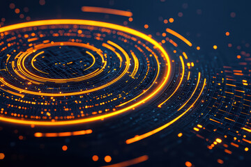 Obraz premium Radiant lines of pulsating light create mesmerizing circular pattern, showcasing vibrant orange hues against dark background, evoking sense of energy and movement