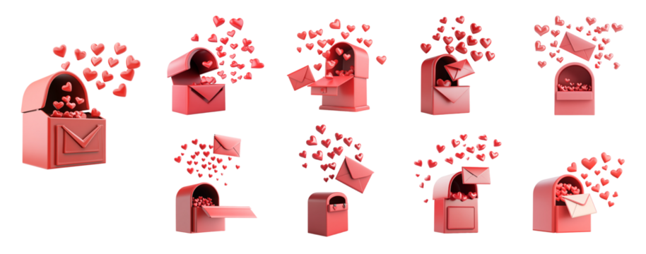 Pack PNG Minimalist Cartoon-Style Flying Envelope with Red Mailbox Against a Transparent Background set