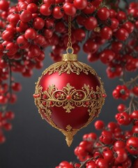 Fototapeta premium Dainty red ornament with delicate gold filigree nestled among luscious red berries, dainty ornament, gold filigree